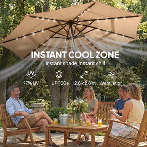 2.8 m Garden Parasol Umbrella with LED Solar Light, Parasol Cover, 3 Tier Outdoor Table Market Patio Umbrella Sun Shade with Tilt and Crank, 8 Ribs, Khaki