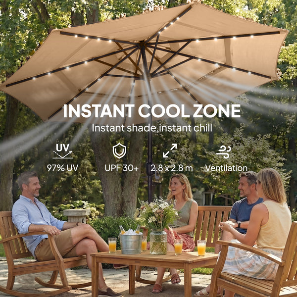 2.8 m Garden Parasol Umbrella with LED Solar Light, Parasol Cover, 3 Tier Outdoor Table Market Patio Umbrella Sun Shade with Tilt and Crank, 8 Ribs, Khaki