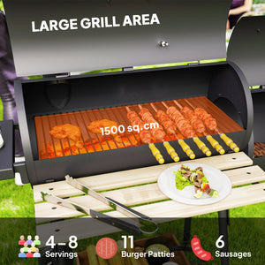 Charcoal Grill with Offset Smoker, 231 Sq.In. Cooking Area, Barrel BBQ Grill and Smoker Combo with Side Tables, Shelf, Thermometer, Wheels for Outdoor Patio Backyard Party Event Gathering