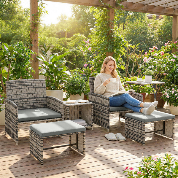 6 Piece Rattan Garden Furniture Set, Space-Saving Patio Furniture Conversation Set with 2 Nesting Tables, 2 Chairs, 2 Footstools, Wicker Outdoor Sofa with Cushions for Balcony Porch, Grey