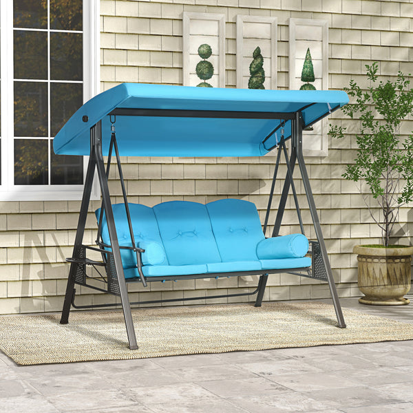 Outsunny 3-Seat Patio Swing Chair, Outdoor Porch Swing Glider with Adjustable Canopy, Removable Cushion, Pillows and Side Trays, for Garden, Poolside, Backyard, Blue