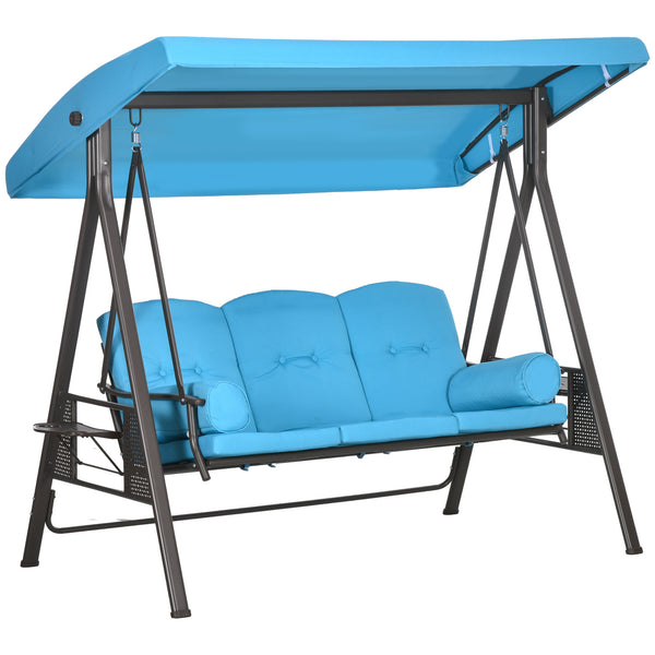 Outsunny 3-Seat Patio Swing Chair, Outdoor Porch Swing Glider with Adjustable Canopy, Removable Cushion, Pillows and Side Trays, for Garden, Poolside, Backyard, Blue