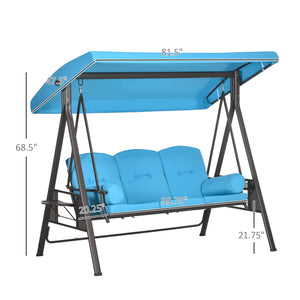 Outsunny 3-Seat Patio Swing Chair, Outdoor Porch Swing Glider with Adjustable Canopy, Removable Cushion, Pillows and Side Trays, for Garden, Poolside, Backyard, Blue