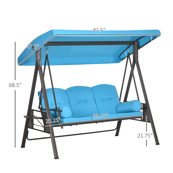 Outsunny 3-Seat Patio Swing Chair, Outdoor Porch Swing Glider with Adjustable Canopy, Removable Cushion, Pillows and Side Trays, for Garden, Poolside, Backyard, Blue