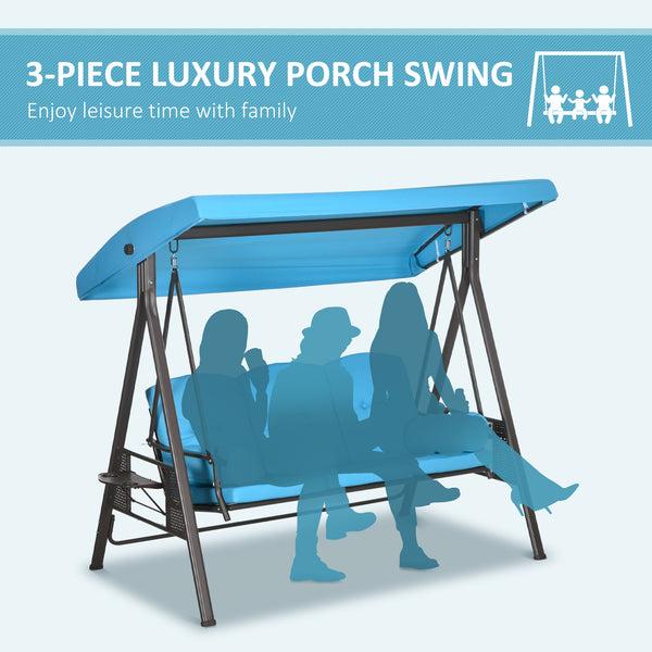 Outsunny 3-Seat Patio Swing Chair, Outdoor Porch Swing Glider with Adjustable Canopy, Removable Cushion, Pillows and Side Trays, for Garden, Poolside, Backyard, Blue