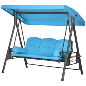 Outsunny 3-Seat Patio Swing Chair, Outdoor Porch Swing Glider with Adjustable Canopy, Removable Cushion, Pillows and Side Trays, for Garden, Poolside, Backyard, Blue