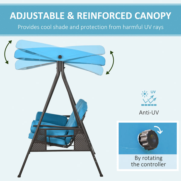 Outsunny 3-Seat Patio Swing Chair, Outdoor Porch Swing Glider with Adjustable Canopy, Removable Cushion, Pillows and Side Trays, for Garden, Poolside, Backyard, Blue