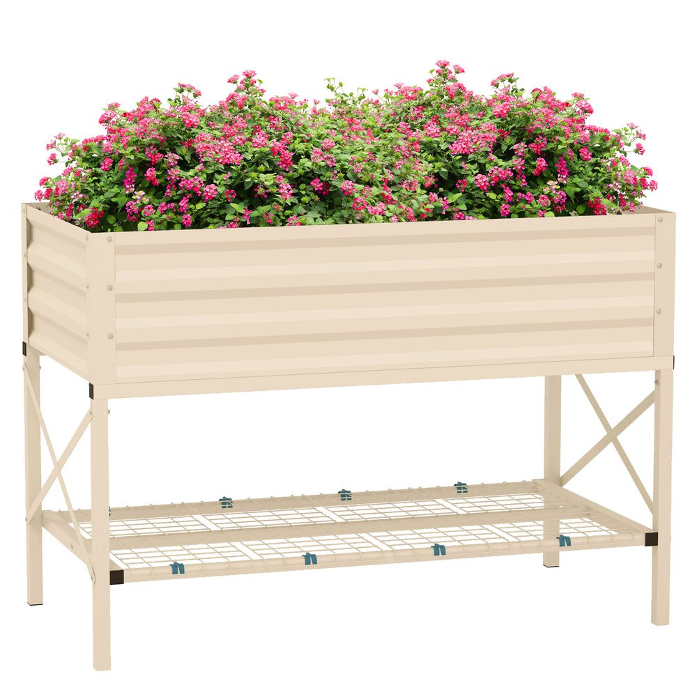 Outsunny Raised Garden Bed with Galvanized Steel Frame, Storage Shelf and Bed Liner, Elevated Planter Box with Legs for Vegetables, Flowers, Herbs, Cream