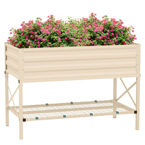 Outsunny Raised Garden Bed with Galvanized Steel Frame, Storage Shelf and Bed Liner, Elevated Planter Box with Legs for Vegetables, Flowers, Herbs, Cream