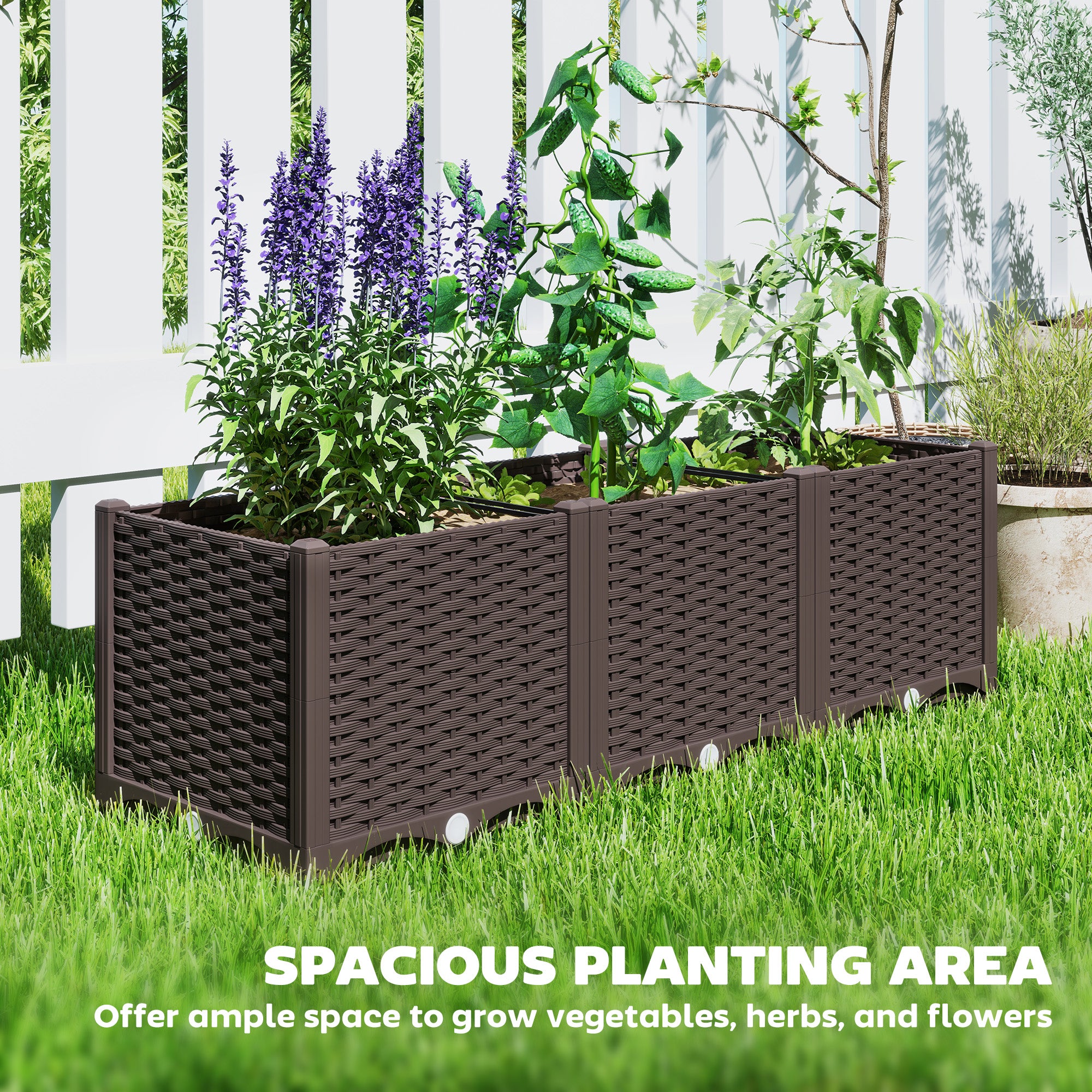 outdoor plastic planter boxes Outsunny Plastic Raised Garden Bed, 4 x 1 x 1 ft Outdoor Flower Box with Drainage Holes for Vegetables, Herbs, Brown