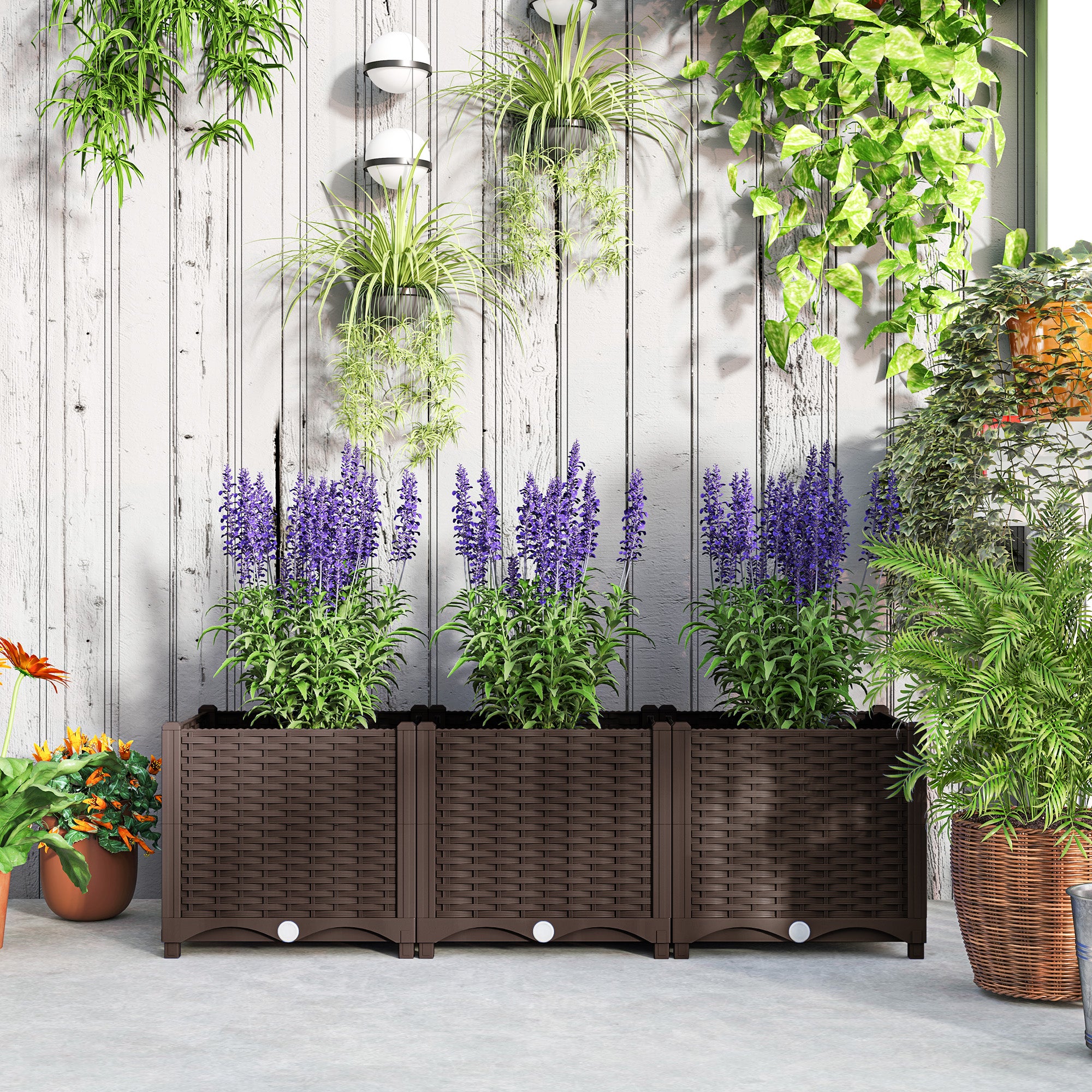 plastic garden planter boxes Outsunny Plastic Raised Garden Bed, 4 x 1 x 1 ft Outdoor Flower Box with Drainage Holes for Vegetables, Herbs, Brown