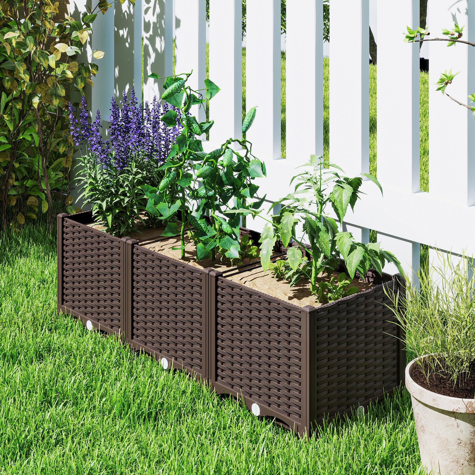 raised bed planter plastic Outsunny Plastic Raised Garden Bed, 4 x 1 x 1 ft Outdoor Flower Box with Drainage Holes for Vegetables, Herbs, Brown