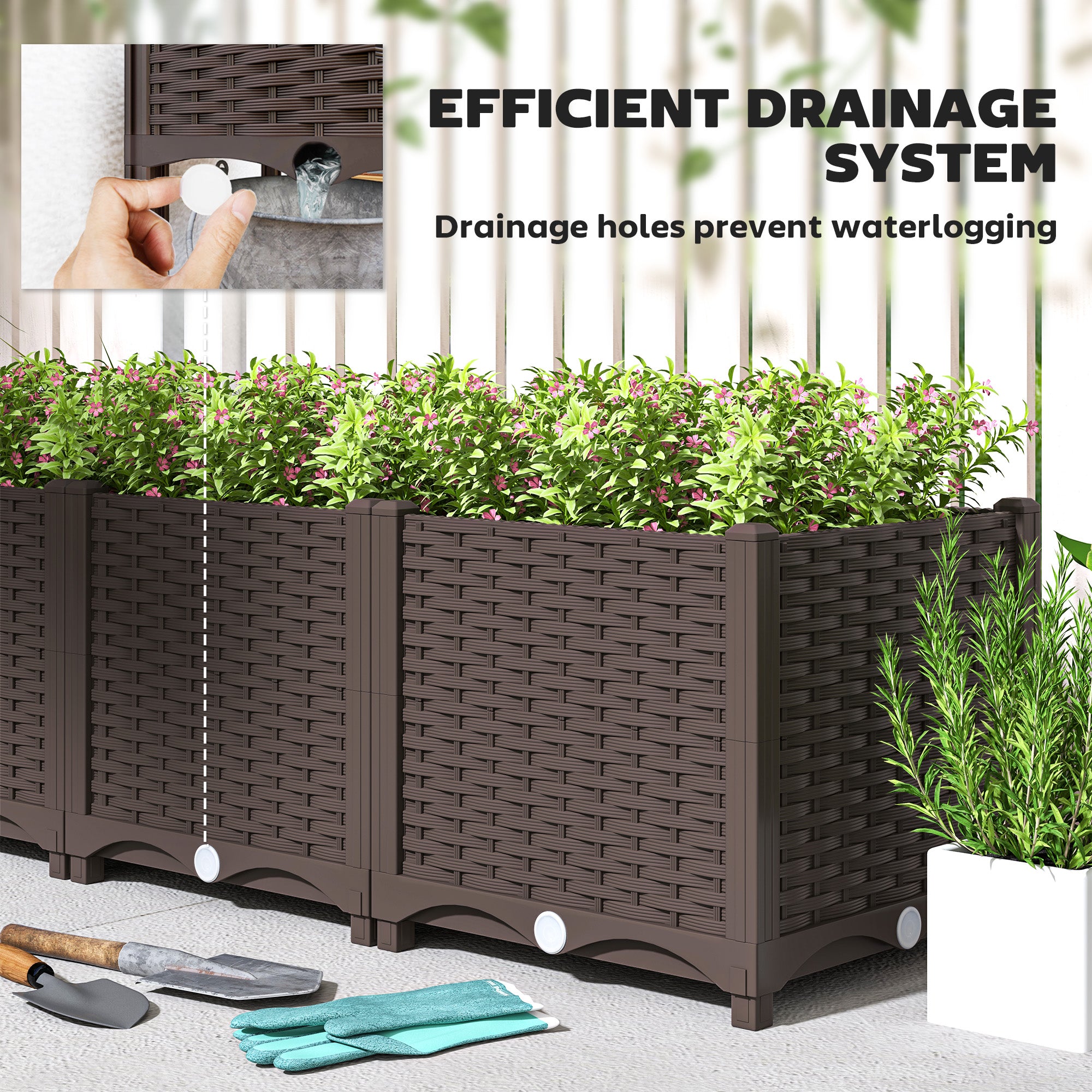 indoor planter box drainage Outsunny Plastic Raised Garden Bed, 4 x 1 x 1 ft Outdoor Flower Box with Drainage Holes for Vegetables, Herbs, Brown