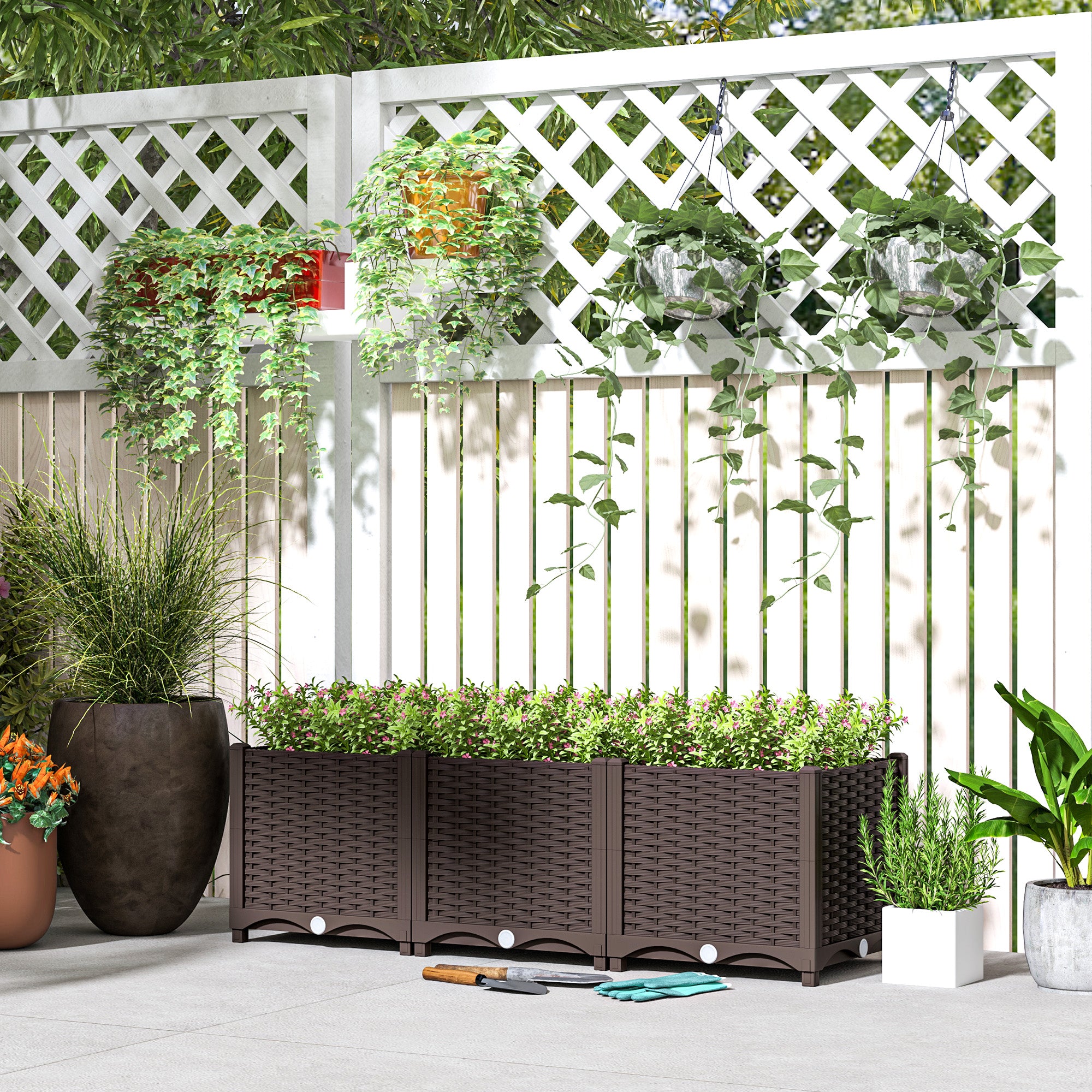 plastic fence planter boxes Outsunny Plastic Raised Garden Bed, 4 x 1 x 1 ft Outdoor Flower Box with Drainage Holes for Vegetables, Herbs, Brown