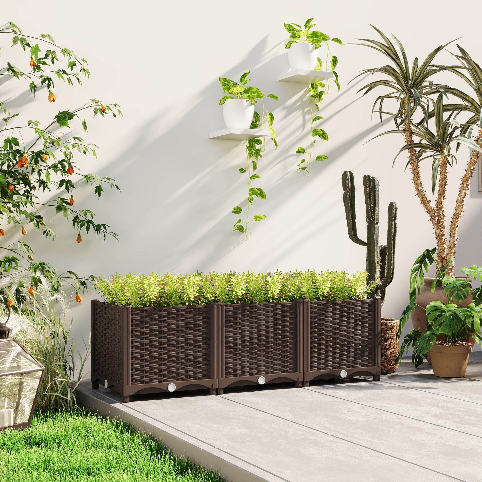 indoor plant bed Outsunny Plastic Raised Garden Bed, 4 x 1 x 1 ft Outdoor Flower Box with Drainage Holes for Vegetables, Herbs, Brown