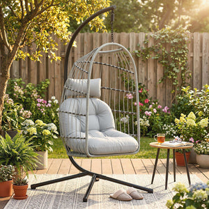 Hanging Egg Chair, Indoor Outdoor Hammock Swing Chair with Stand, Safety Strap, Foldable Basket, Thick Cushions, Headrest, Adjustable Height, Metal Frame for Garden Balcony, Light Grey