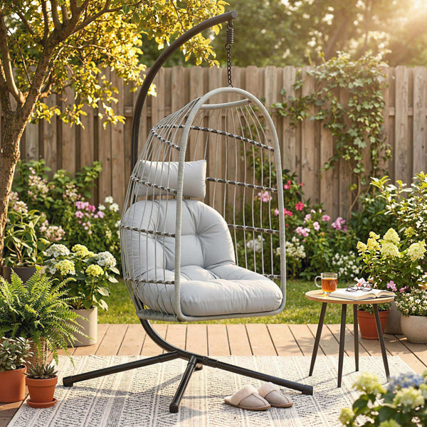 Hanging Egg Chair, Indoor Outdoor Hammock Swing Chair with Stand, Safety Strap, Foldable Basket, Thick Cushions, Headrest, Adjustable Height, Metal Frame for Garden Balcony, Light Grey