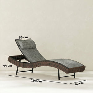 Rattan Sun Lounger, 5 Position Adjustable Garden Lounger Recliner with S Shaped Texteline Seat and Headrest, Reclining Outdoor Sunbed with Metal Frame for Patio, Terrace, Brown