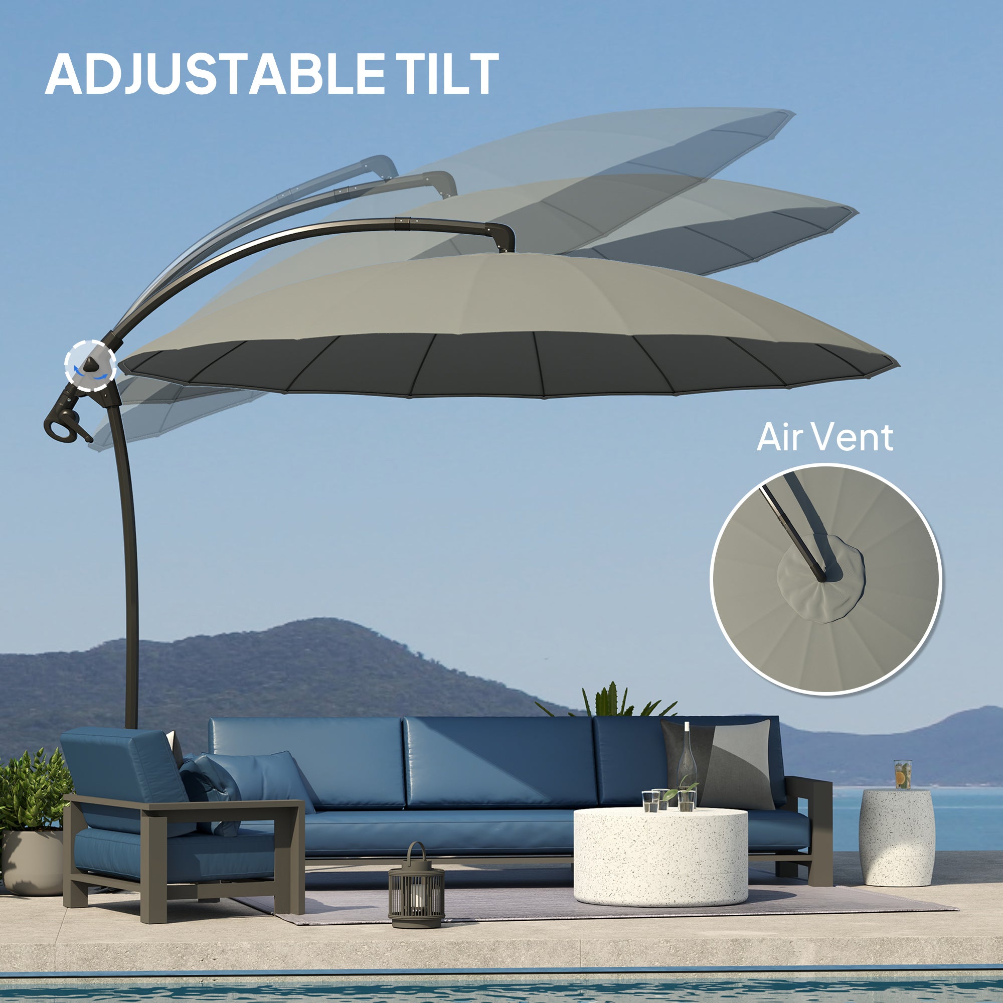 fiberglass patio umbrella grey Outsunny 9' Cantilever Umbrella with 16 Fiberglass Ribs & Cross Base, Grey