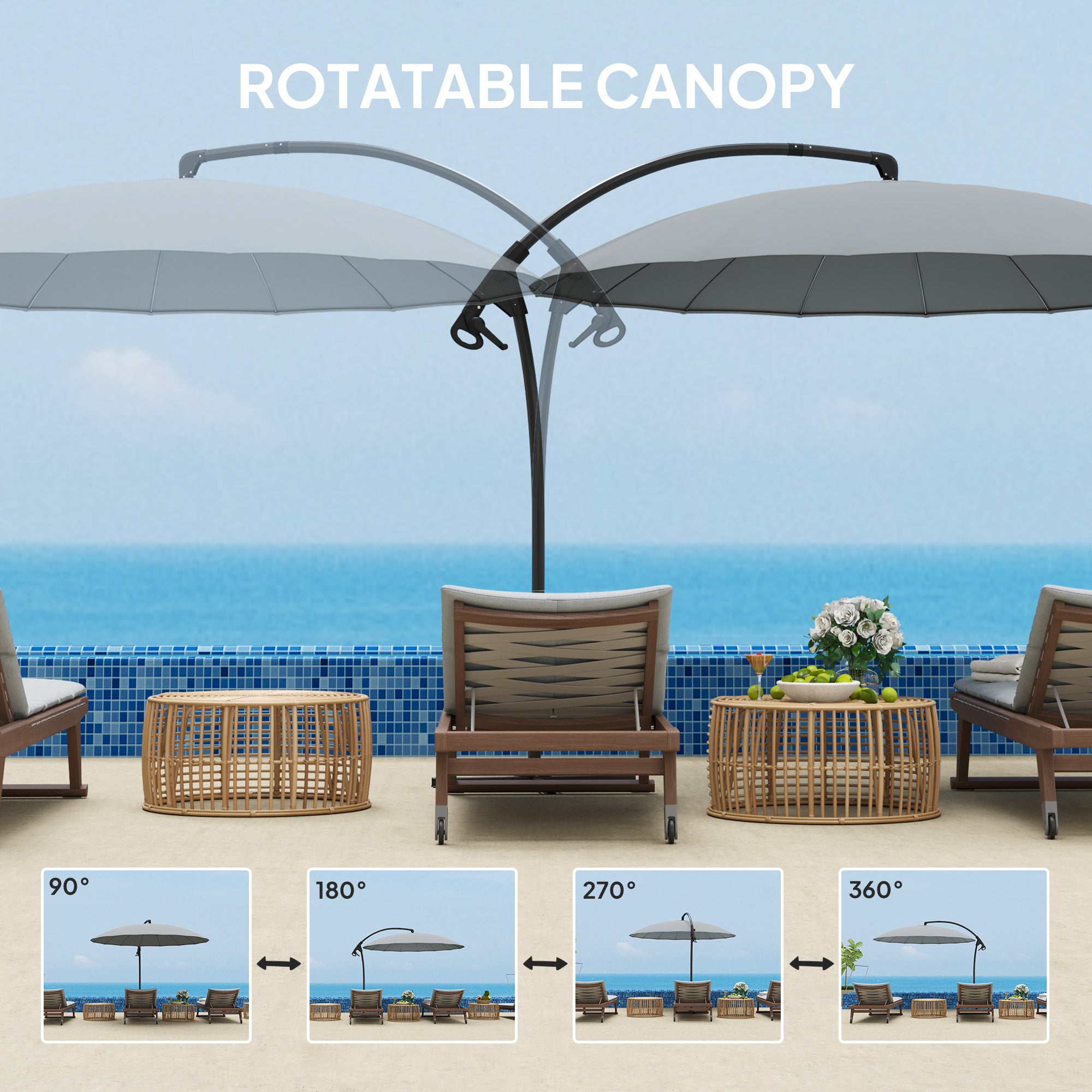 fiberglass patio umbrella grey Outsunny 9' Cantilever Umbrella with 16 Fiberglass Ribs & Cross Base, Grey