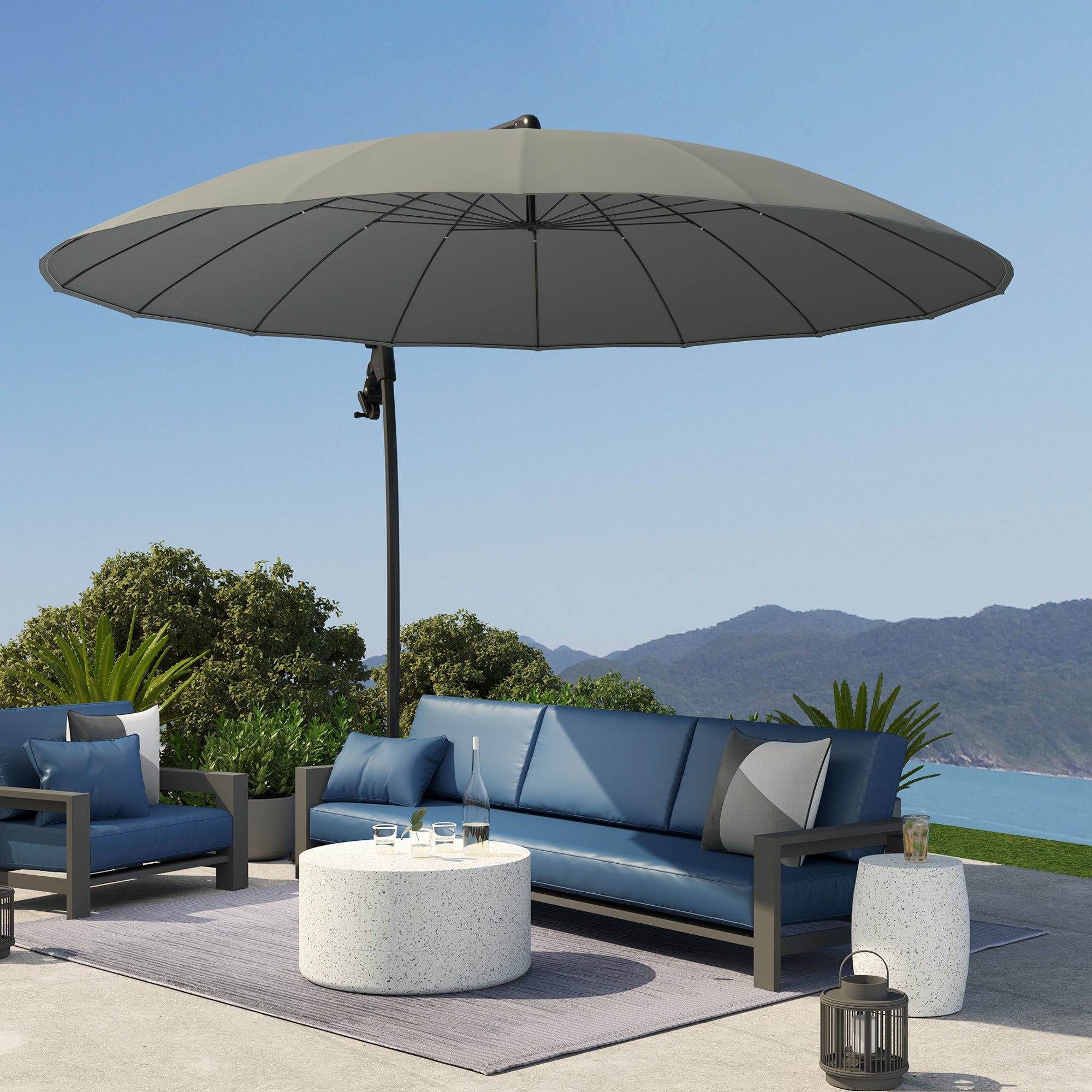 Outsunny 9' Cantilever Umbrella with 16 Fiberglass Ribs & Cross Base, Grey