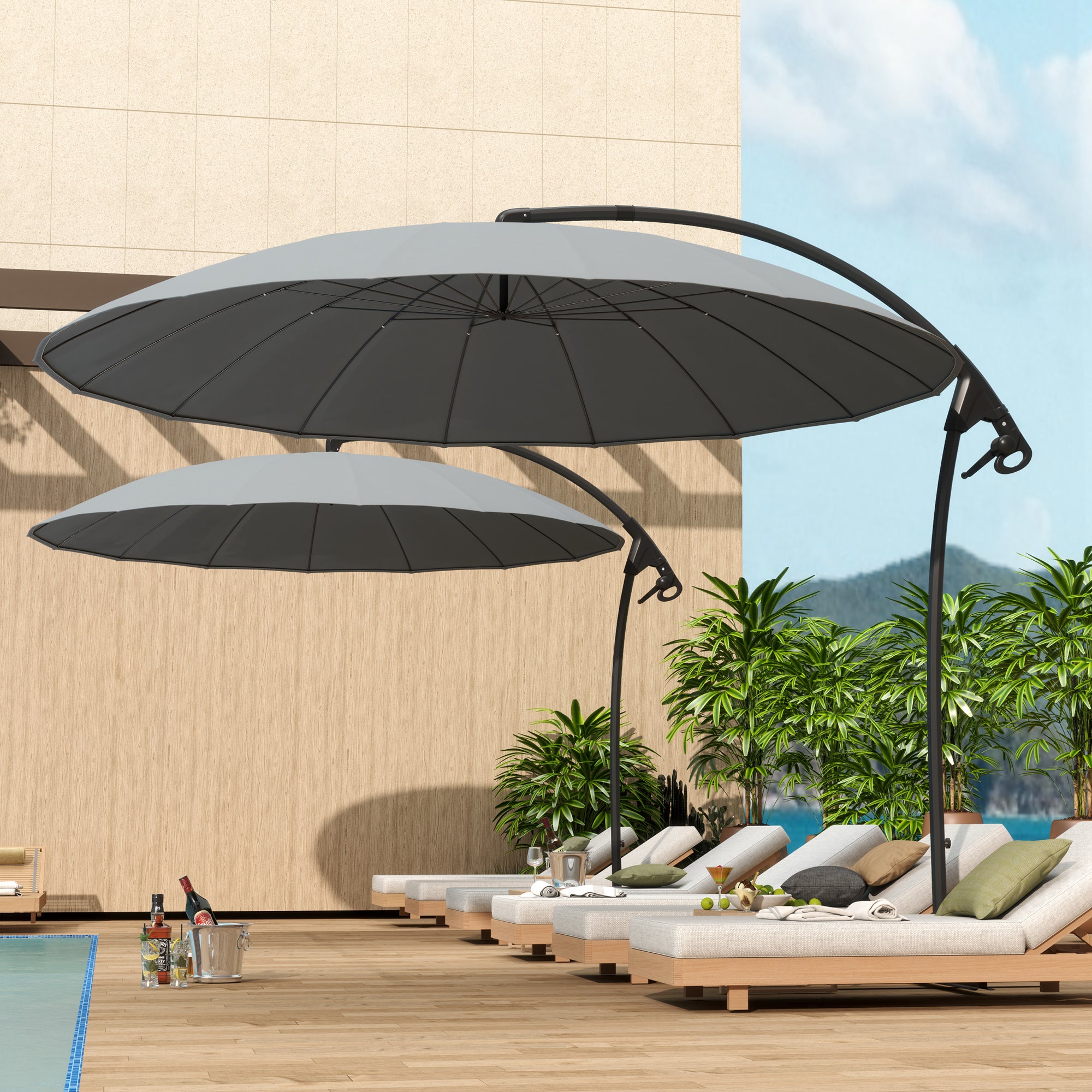 fiberglass patio umbrella grey Outsunny 9' Cantilever Umbrella with 16 Fiberglass Ribs & Cross Base, Grey
