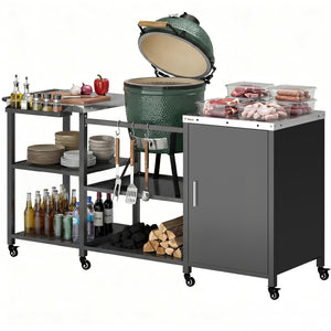 Grill Table for Big Green Egg Grill, Heavy Duty Metal BBQ Prep Table with Stainless Steel Top, Storage Cabinet, Spice Rack, Paper Towel Rack, Outdoor Kitchen Island with Wheels, Hooks, Handle