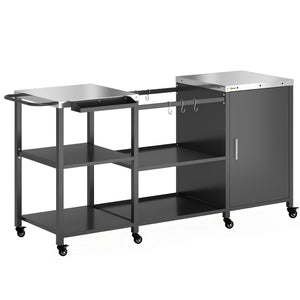Grill Table for Big Green Egg Grill, Heavy Duty Metal BBQ Prep Table with Stainless Steel Top, Storage Cabinet, Spice Rack, Paper Towel Rack, Outdoor Kitchen Island with Wheels, Hooks, Handle