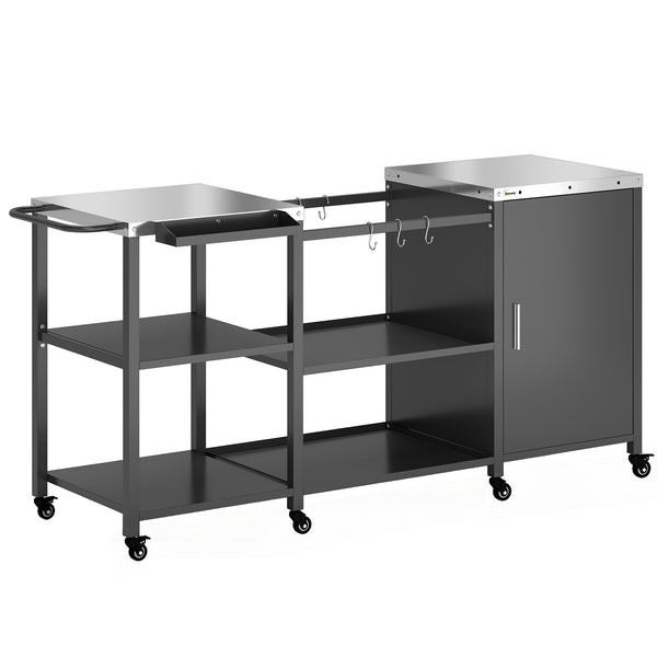 Grill Table for Big Green Egg Grill, Heavy Duty Metal BBQ Prep Table with Stainless Steel Top, Storage Cabinet, Spice Rack, Paper Towel Rack, Outdoor Kitchen Island with Wheels, Hooks, Handle