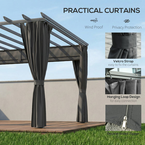 3.6 x 3 m Pergola with Retractable Roof Canopy and Curtains, Aluminium Frame Garden Pergola Gazebo Sun Shade Shelter for Grill, Patio, Deck, Dark Grey