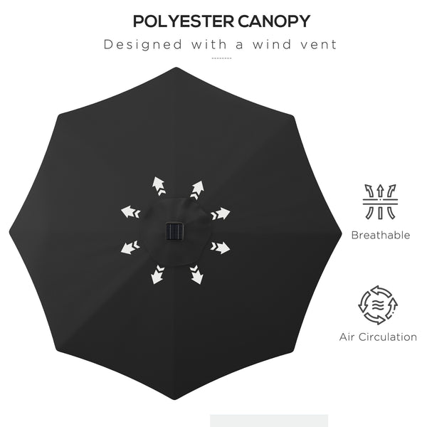Φ2.7m Garden 24 LED Light Parasol Solar Outdoor Tilt Sun Umbrella Patio Club Party Event Manual Sun Shade w/ Hand Crank and 8 Ribs, Black