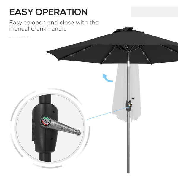 Φ2.7m Garden 24 LED Light Parasol Solar Outdoor Tilt Sun Umbrella Patio Club Party Event Manual Sun Shade w/ Hand Crank and 8 Ribs, Black