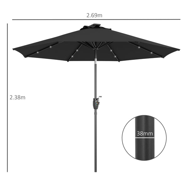 Φ2.7m Garden 24 LED Light Parasol Solar Outdoor Tilt Sun Umbrella Patio Club Party Event Manual Sun Shade w/ Hand Crank and 8 Ribs, Black