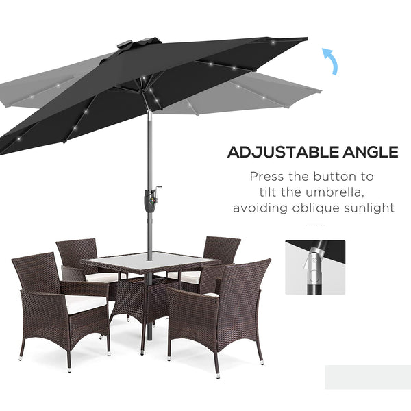 Φ2.7m Garden 24 LED Light Parasol Solar Outdoor Tilt Sun Umbrella Patio Club Party Event Manual Sun Shade w/ Hand Crank and 8 Ribs, Black