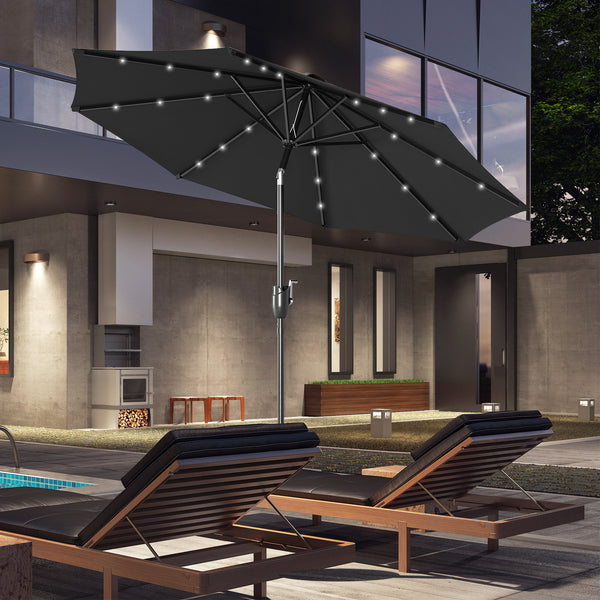 Φ2.7m Garden 24 LED Light Parasol Solar Outdoor Tilt Sun Umbrella Patio Club Party Event Manual Sun Shade w/ Hand Crank and 8 Ribs, Black