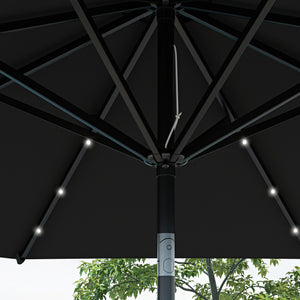 Φ2.7m Garden 24 LED Light Parasol Solar Outdoor Tilt Sun Umbrella Patio Club Party Event Manual Sun Shade w/ Hand Crank and 8 Ribs, Black
