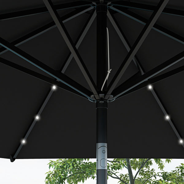 Φ2.7m Garden 24 LED Light Parasol Solar Outdoor Tilt Sun Umbrella Patio Club Party Event Manual Sun Shade w/ Hand Crank and 8 Ribs, Black