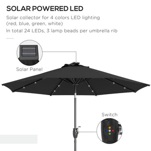 Φ2.7m Garden 24 LED Light Parasol Solar Outdoor Tilt Sun Umbrella Patio Club Party Event Manual Sun Shade w/ Hand Crank and 8 Ribs, Black