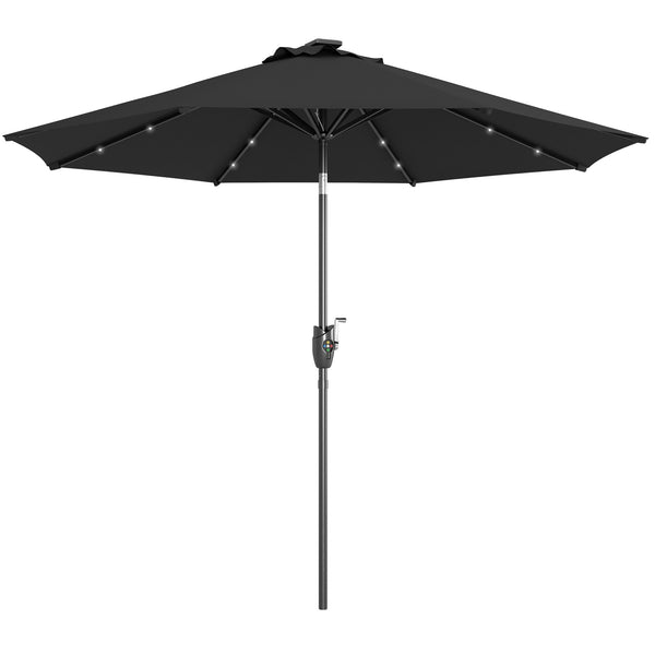 Φ2.7m Garden 24 LED Light Parasol Solar Outdoor Tilt Sun Umbrella Patio Club Party Event Manual Sun Shade w/ Hand Crank and 8 Ribs, Black