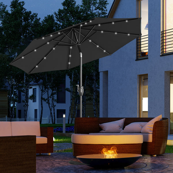 Φ2.7m Garden 24 LED Light Parasol Solar Outdoor Tilt Sun Umbrella Patio Club Party Event Manual Sun Shade w/ Hand Crank and 8 Ribs, Black