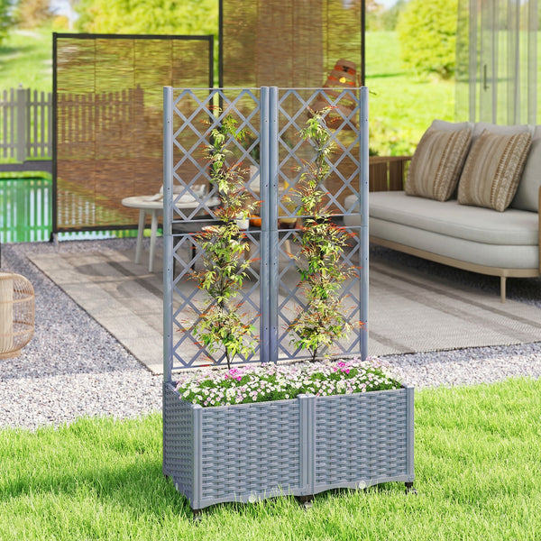 Planter Box with Trellis, Self Watering Raised Garden Bed with Lockable Wheels, 56.3" Trellis Privacy Planter with Drainage Holes for Climbing Plants, Vines, Vegetables, Flowers, Gray