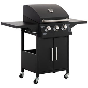 Outsunny 3 Burner Gas Grill, Outdoor Portable Propane Grill with Wheels, 30000BTU Carbon Steel Barbecue Trolley with Warming Rack, Side Shelves, Storage Cabinet, Thermometer, Black