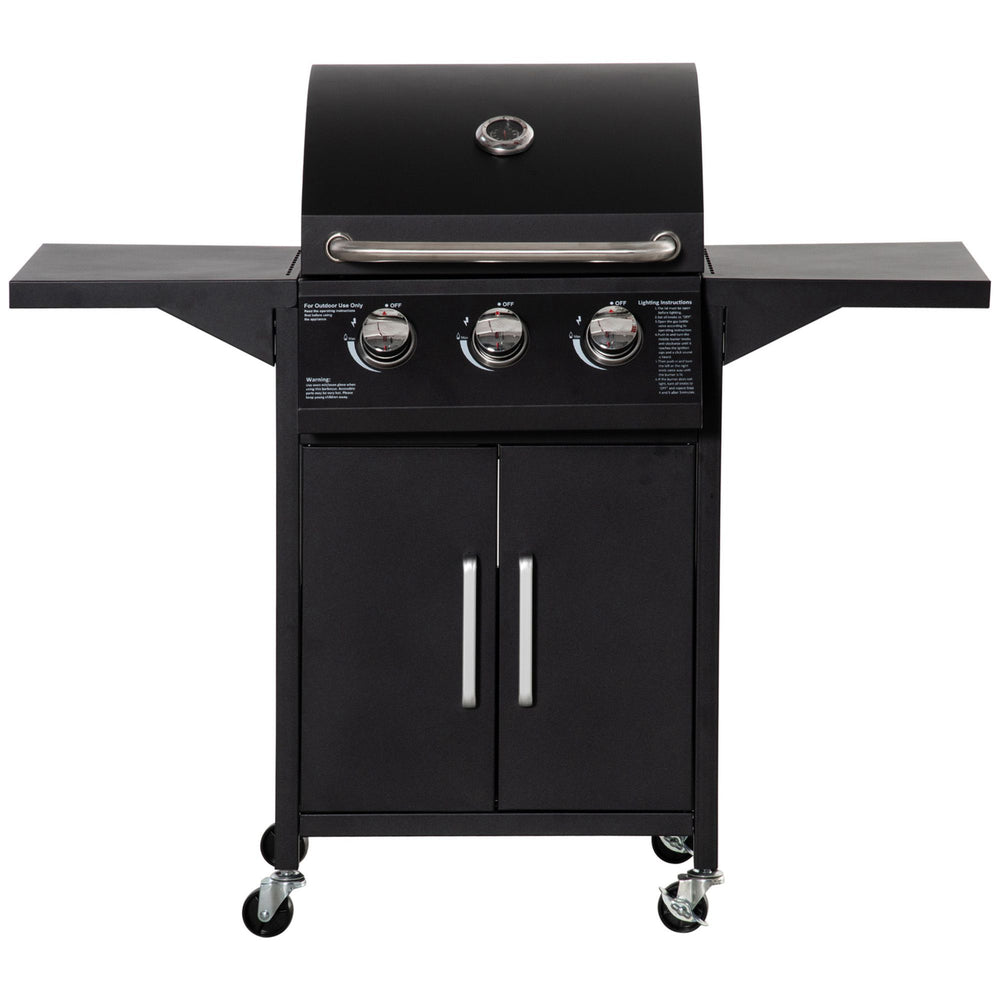 Outsunny 3 Burner Gas Grill, Outdoor Portable Propane Grill with Wheels, 30000BTU Carbon Steel Barbecue Trolley with Warming Rack, Side Shelves, Storage Cabinet, Thermometer, Black