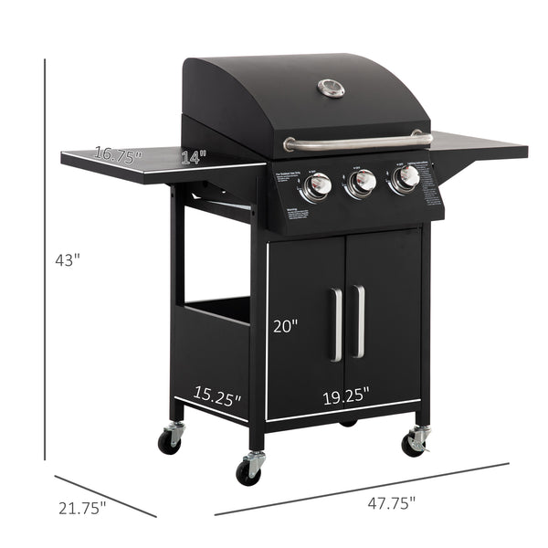 Outsunny 3 Burner Gas Grill, Outdoor Portable Propane Grill with Wheels, 30000BTU Carbon Steel Barbecue Trolley with Warming Rack, Side Shelves, Storage Cabinet, Thermometer, Black