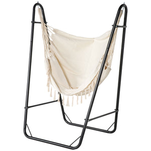 Outsunny Patio Hammock Chair with U Shape Stand, Outdoor Hammock Swing Hanging Lounge Chair with Side Pocket, Black/Cream White