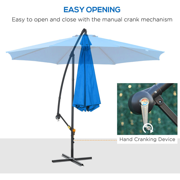 3(m) Garden Banana Parasol Cantilever Umbrella with Crank Handle, 8 Ribs and Cross Base for Outdoor, Hanging Sun Shade, Blue