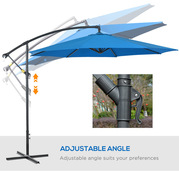 3(m) Garden Banana Parasol Cantilever Umbrella with Crank Handle, 8 Ribs and Cross Base for Outdoor, Hanging Sun Shade, Blue