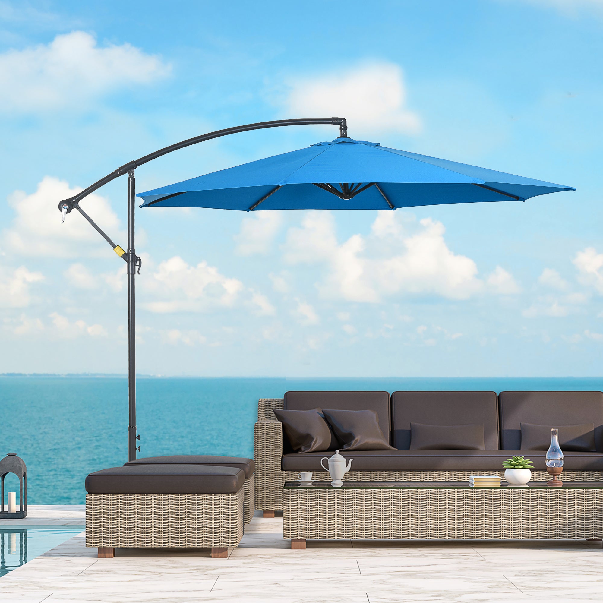 Outsunny 10' Offset Cantilever Patio Umbrella with Base & Crank, Blue Outsunny 10' Offset Cantilever Patio Umbrella with Base & Crank, Blue