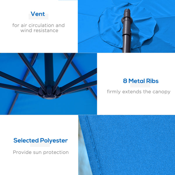 3(m) Garden Banana Parasol Cantilever Umbrella with Crank Handle, 8 Ribs and Cross Base for Outdoor, Hanging Sun Shade, Blue