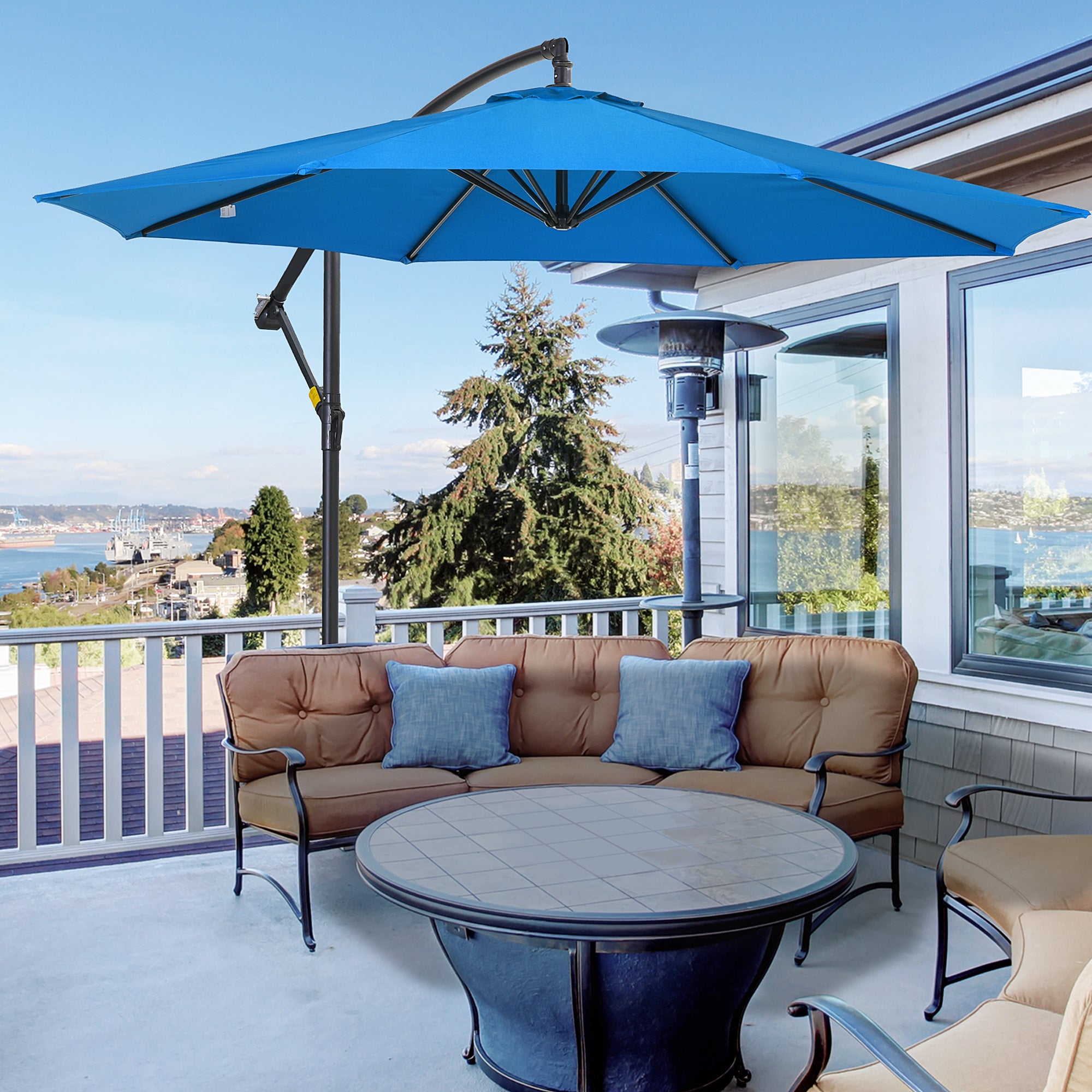 Outsunny 10' Offset Cantilever Patio Umbrella with Base & Crank, Blue Outsunny 10' Offset Cantilever Patio Umbrella with Base & Crank, Blue